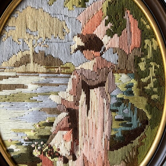 Vintage Needlepoint Wall Art Mother & Daughter Oval Framed Hand-Stitched Signed - Picture 2 of 4